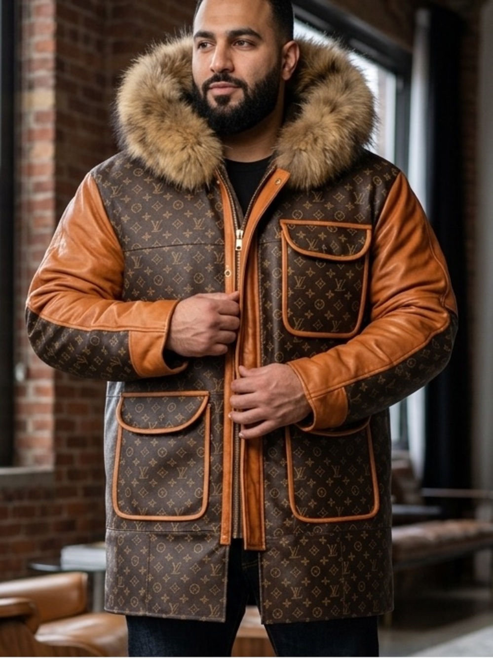 Louis Vuitton Brown & Tan Monogram Fur-Trim Puffer Coat
